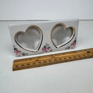 Vtg Double Heart Tabletop Small Pic Photo Frame Ceramic Porcelain Grannycore